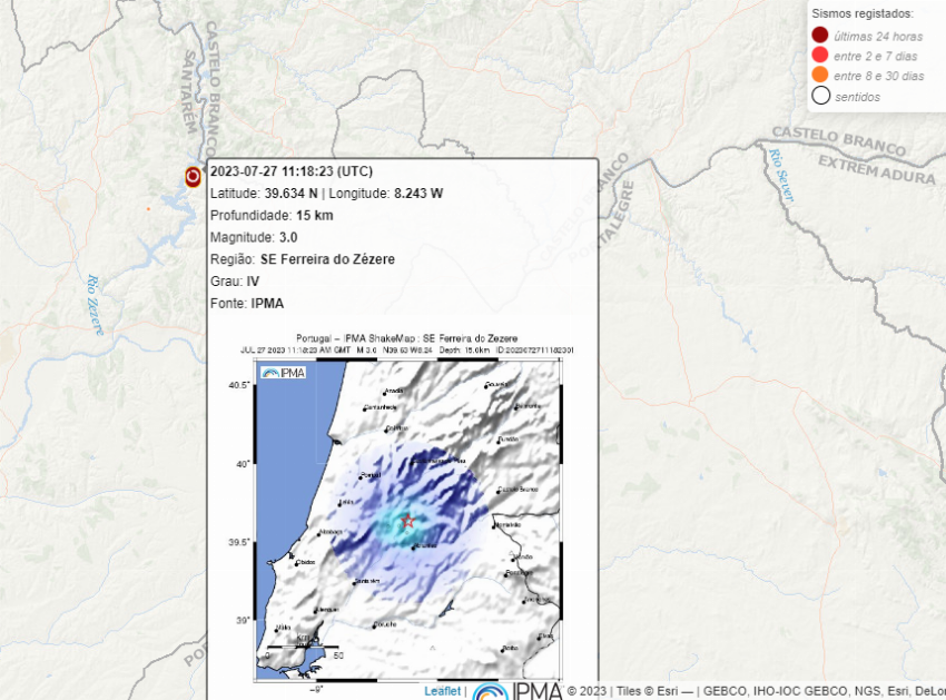 Registado sismo de pequena intensidade com epicentro a oito quilómetros de Ferreira do Zêzere